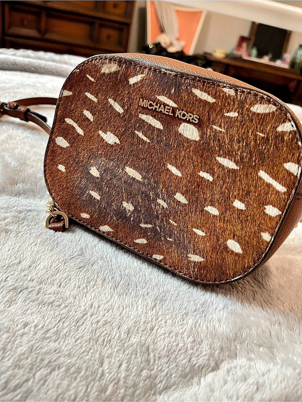Michael Kors Crossbody Purse Baby Deer Fur and Leather Brown White Gold